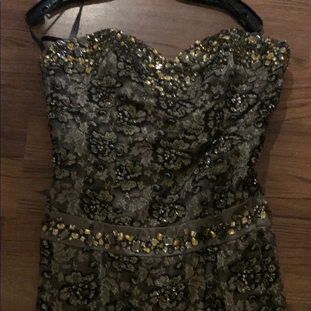 Terani Couture Black and Gold Embellished Strapless Cocktail Dress